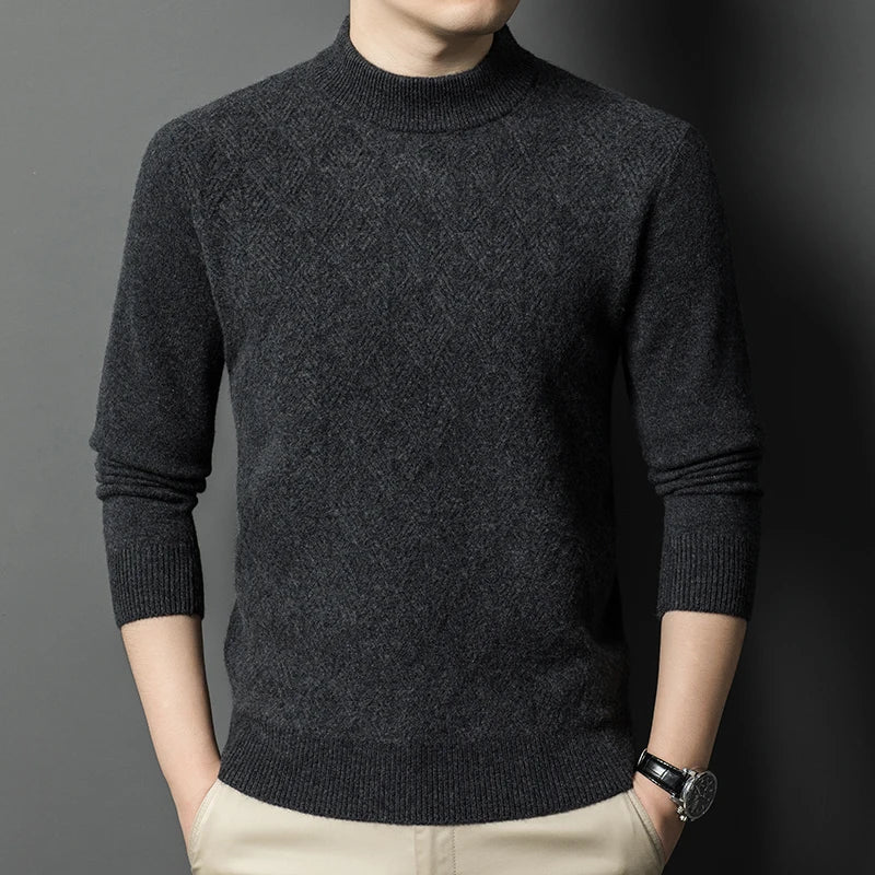 High Quality Winter Men's Mock Neck Knitted Sweater Solid Color Thick Warm Knit Pullovers Men Slim Fit Smart Casual Sweaters