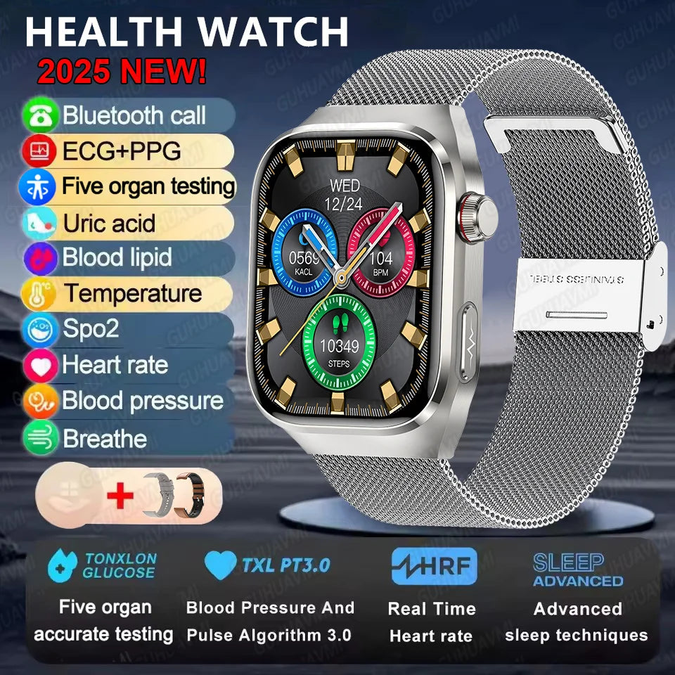 2025 New ECG+PPG Accurate Measure Heart Rate Smart Watch Men Blood Pressure Lipids Uric Acid Bluetooth Call Health Smartwatches