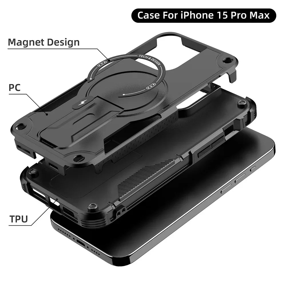 For MagSafe Magnetic Phone Case For iPhone 16 15 14 Plus 13 Pro Max Hidden Holder Stand Military Shockproof PC TPU Cover
