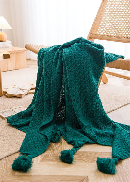 Nordic Blankets for Bed Sofa Couch Chunky Knit Bedspread Knitted Throw Blanket with Tassel Plain Color Waffle Embossed Blanket