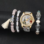 3/4/5PCS Fashion Rhinestone Women's Watch Flowers Printed Leather Band Female Quartz Watches Bracelets Set（Without Box）