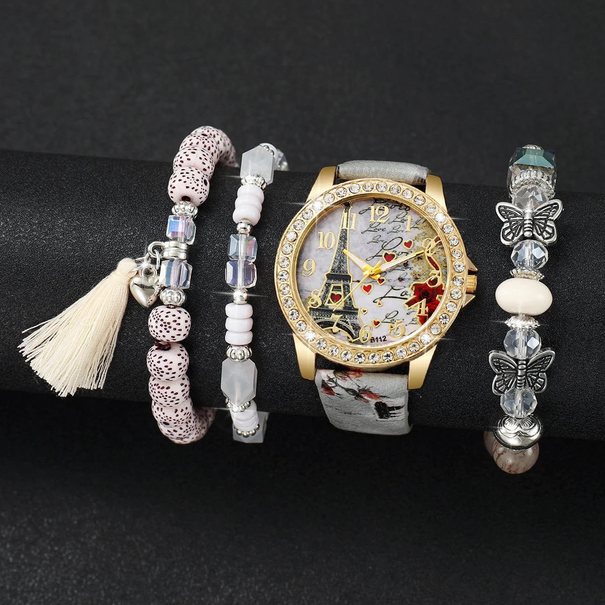 3/4/5PCS Fashion Rhinestone Women's Watch Flowers Printed Leather Band Female Quartz Watches Bracelets Set（Without Box）