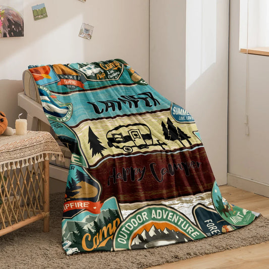 1PC Camper and Forest Pattern Printed Blanket, Suitable for Sofas, Beds, Offices, Travel, Camping Chairs, Warm Plush Blanket