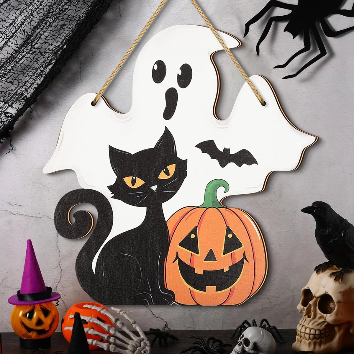 Halloween Decorative Wooden Sign with Ghost, Black Cat, Pumpkin and Bat - Perfect for Seasonal Home Decoration