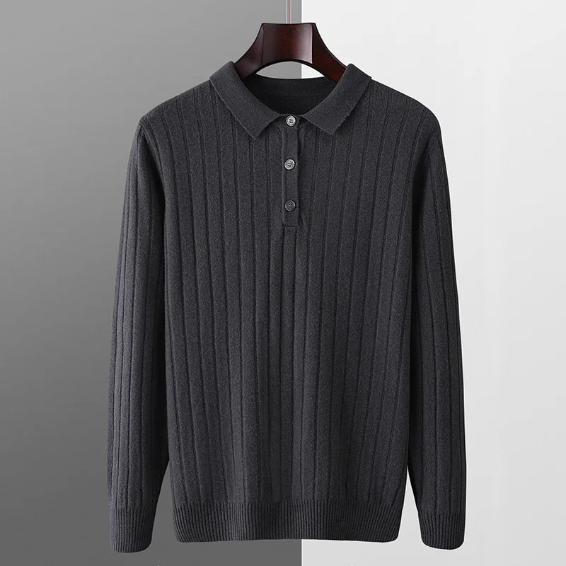Winter New Men's Pure Wool Sweater Loose POLO Collar Vertical Pattern Thickened Sweater Casual Business High end CashmereSweater