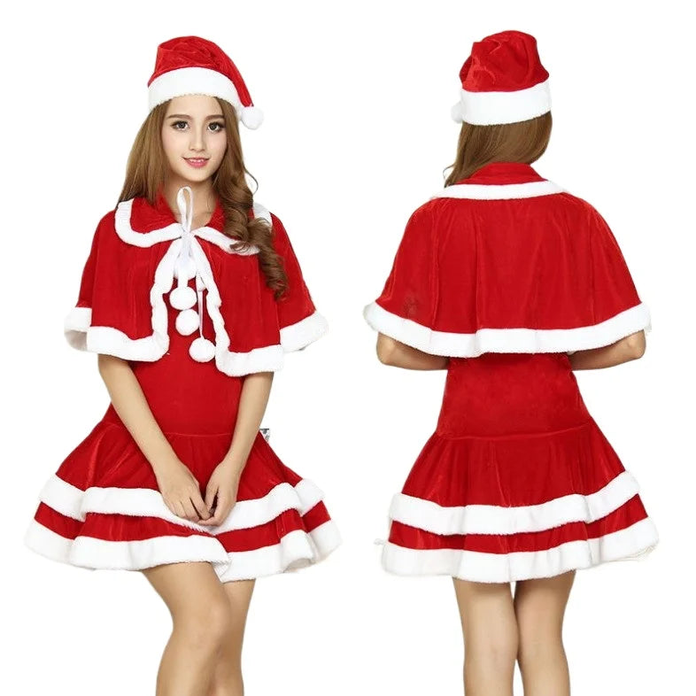 Christmas Outfits for Women Sexy Christmas Fancy Party Dress with Cape Hat 3Pcs Velvet Santa Costume Xmas Babydoll Cosplay