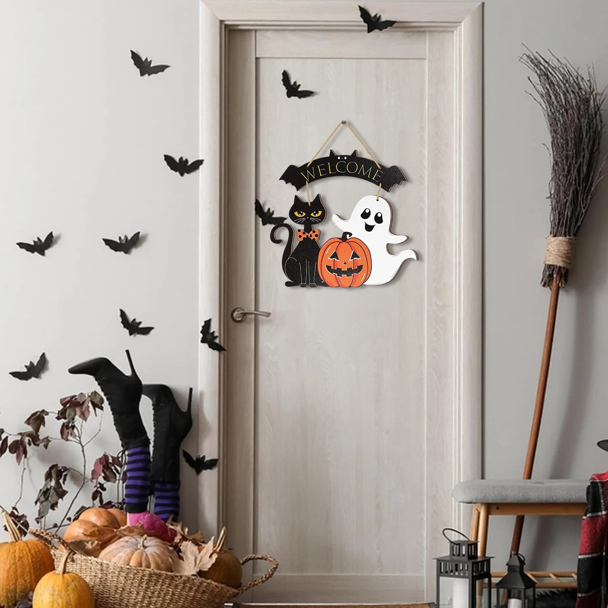 Halloween Decorative Wooden Sign with Black Cat, Pumpkin and Ghost - 