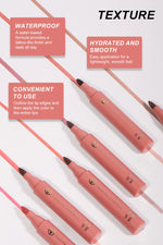 Lip Tint Pen, 6 Colors Available, Matte Water Lipstick, Non-Stick Cup, Long-Lasting, Smooth Lip Liner and Lip Stain Combo