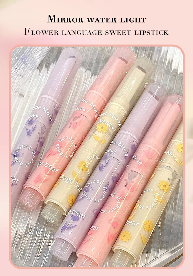 Gege Bear Floral Whisper Moisturizing Mirror Shine Lipstick — Glossy Jelly Finish, Heart-Shaped Bullet, Hydrating Lip Balm
