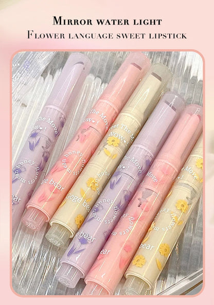 Gege Bear Floral Whisper Moisturizing Mirror Shine Lipstick — Glossy Jelly Finish, Heart-Shaped Bullet, Hydrating Lip Balm