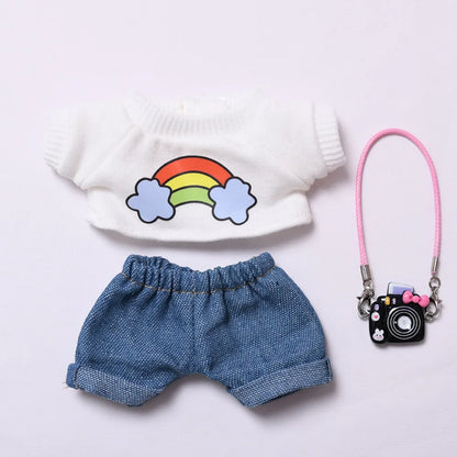 Plush Doll Clothes 17cm For Labubu Clothing Designer Rainbow White T Jeans Doll Clothes Set With Hat Glasses Toy Accessories