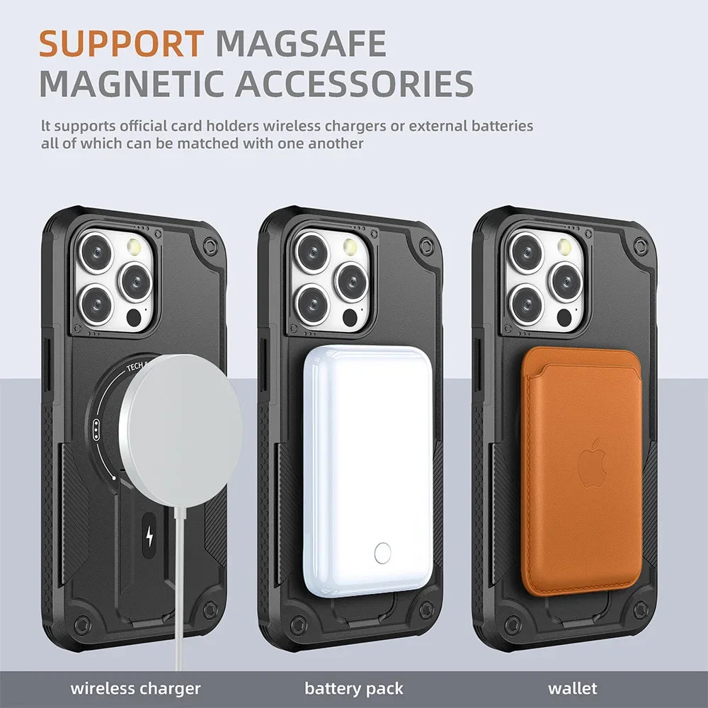 For MagSafe Magnetic Phone Case For iPhone 16 15 14 Plus 13 Pro Max Hidden Holder Stand Military Shockproof PC TPU Cover
