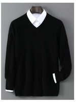 V-Neck Men's 100% Pure Wool Pullover Knitted Sweater, Business Casual Solid Color Simple Long Sleeved Fashionable Loose Warm Top