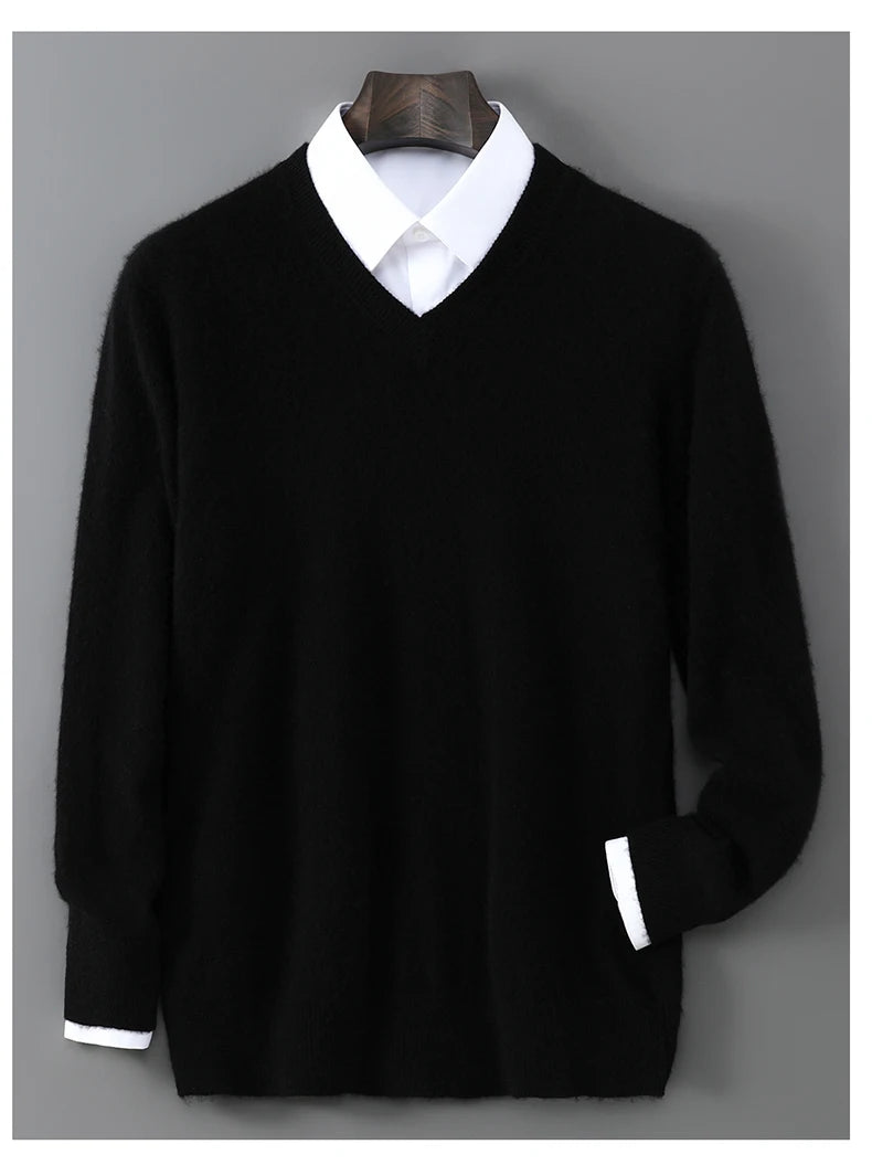 V-Neck Men's 100% Pure Wool Pullover Knitted Sweater, Business Casual Solid Color Simple Long Sleeved Fashionable Loose Warm Top