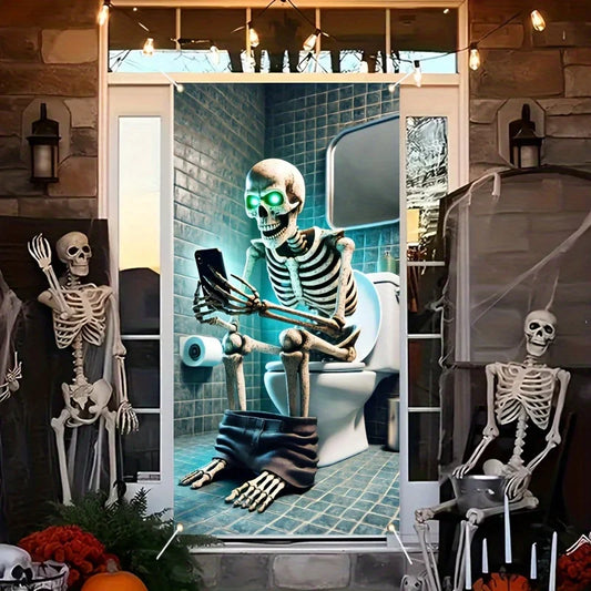 70x35in Halloween Skull Bathroom Door Banner, Haunted House Horror Theme, Indoor & Outdoor, Spooky Decor for Halloween Partiy