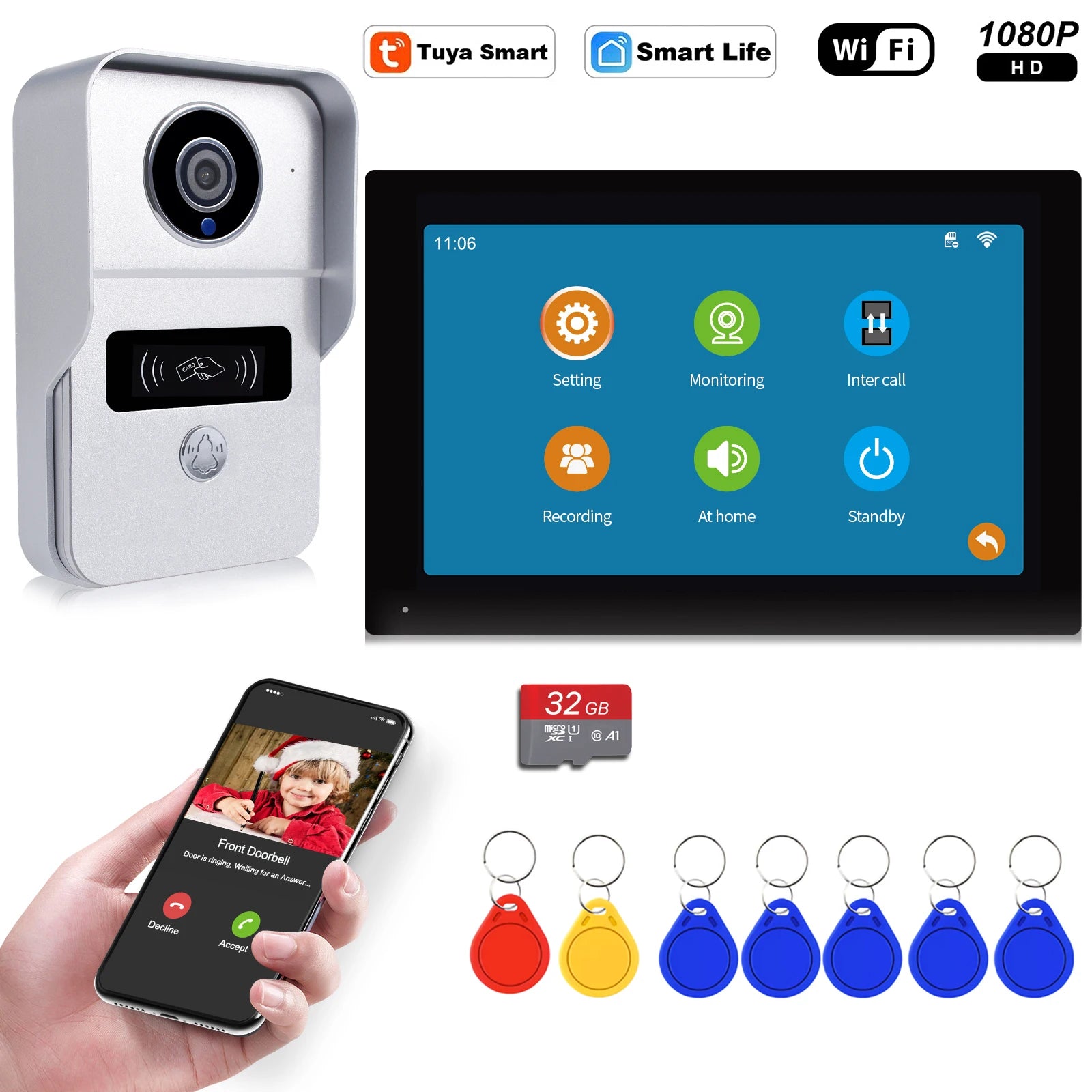 Wireless Wifi Video Doorbell System, 1080P Doorphone Door Camera, 7 Inch Touch Screen, Video Intercom 32GB card for Home 4 Wire
