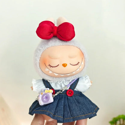 For Korea Kpop Exo Labubu Idol Dolls Jean Dress Big Bowknot Doll Clothes Kids Gift 15-17cm Cute Mini Clothes Doll Accessories