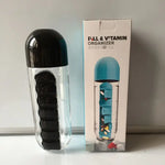 Portable Water Bottle with Built-in Pill Box for Medicines, Vitamins, Perfect for Outdoor, Gym, Fitness, Camping and Traveling