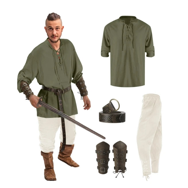 Retro Vintage Medieval Renaissance Pants Outfits Waist Belt Shirt Arm Guards Pirate Men's Cosplay Costume Halloween