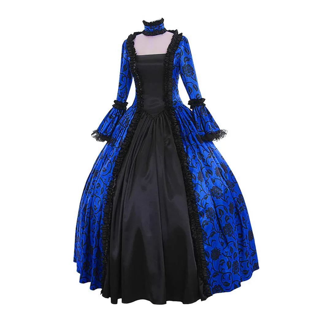 Women Vintage Exquisite Dress Gothic Retro Floral Print Ball Gowns Dress Medieval Renaissance Court Dress Halloween Costume