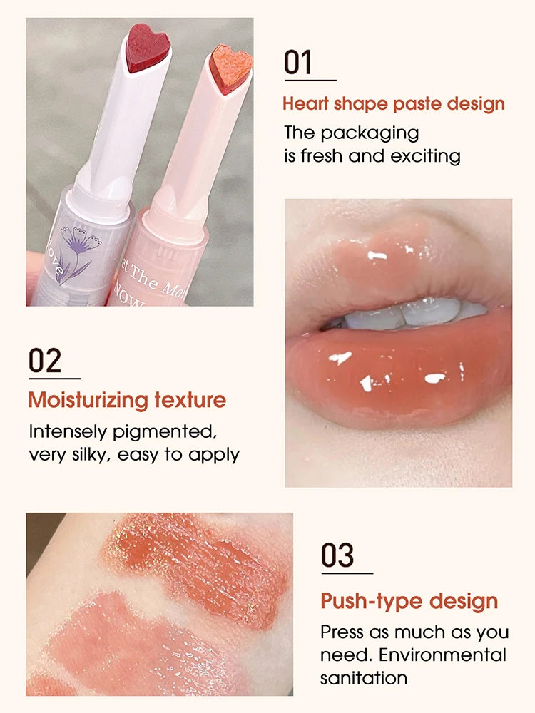 Gege Bear Floral Whisper Moisturizing Mirror Shine Lipstick — Glossy Jelly Finish, Heart-Shaped Bullet, Hydrating Lip Balm