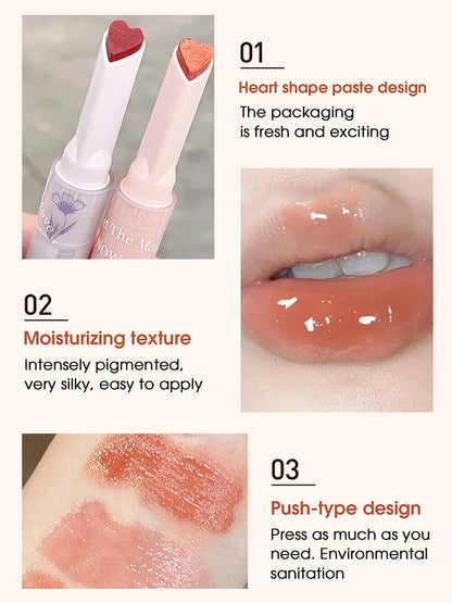 Gege Bear Floral Whisper Moisturizing Mirror Shine Lipstick — Glossy Jelly Finish, Heart-Shaped Bullet, Hydrating Lip Balm