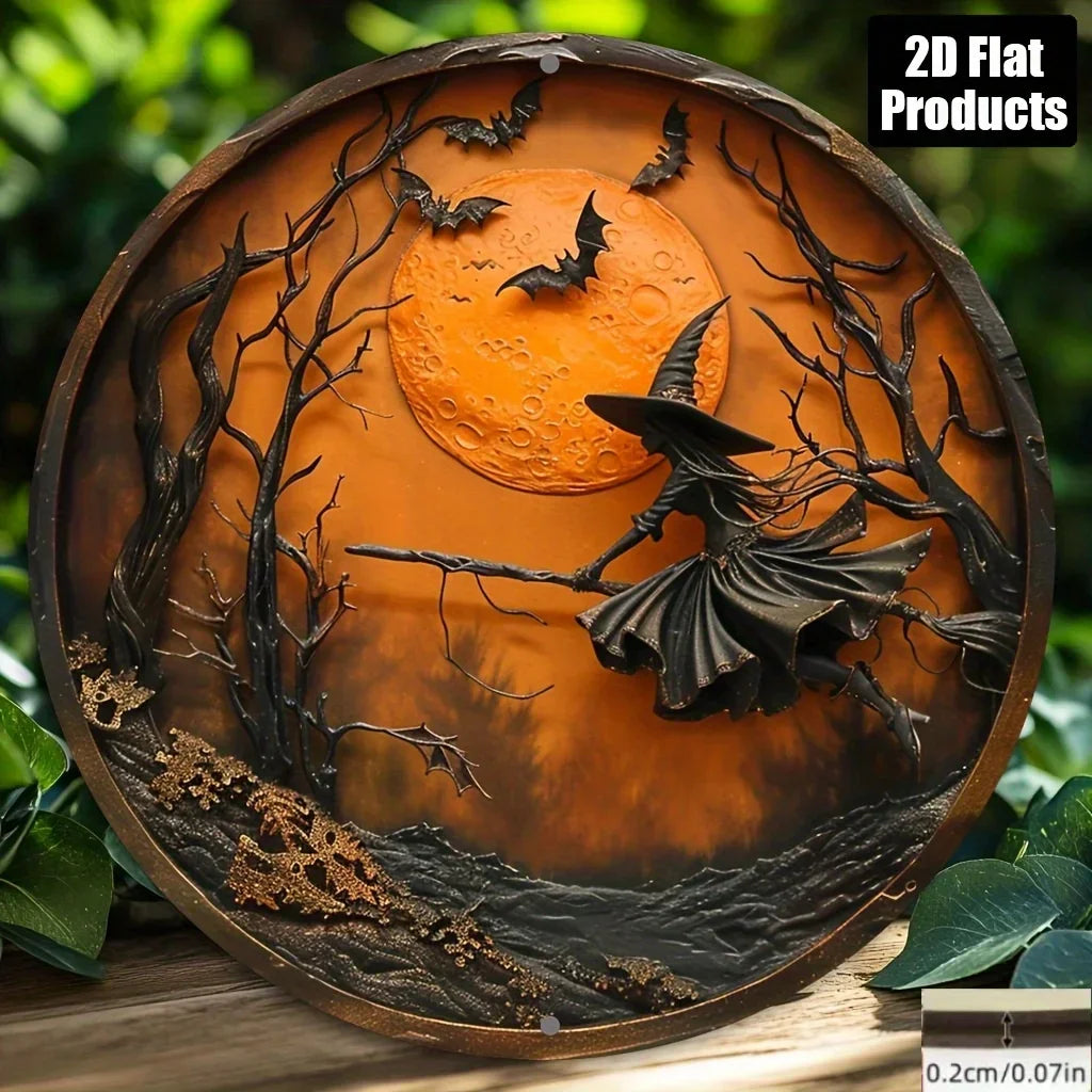 2D Flat, Halloween Wooden Wall Decor - 2D Flat Printed Round Sign with Witch, Bats & Moon Design - Classic Style Home, Kitchen,