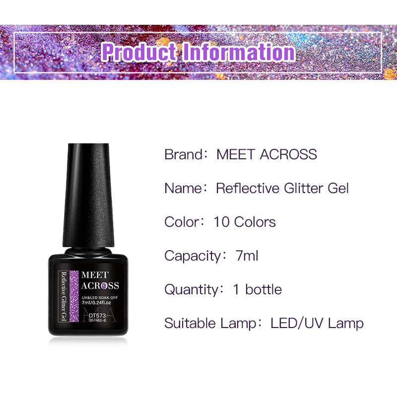 MEET ACROSS 7ml Pink Fluorescent Reflective Gel Nail Polish Glitter Neon Semi Permanent UV LED Gel Nail Art Varnish Manicure