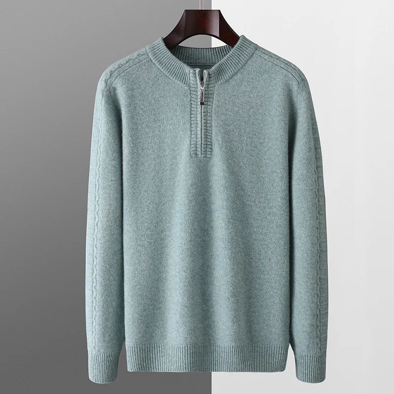100% pure wool sweater round neck men's thick solid color long sleeved pullover sweater zipper wool knit winter cashmere sweater