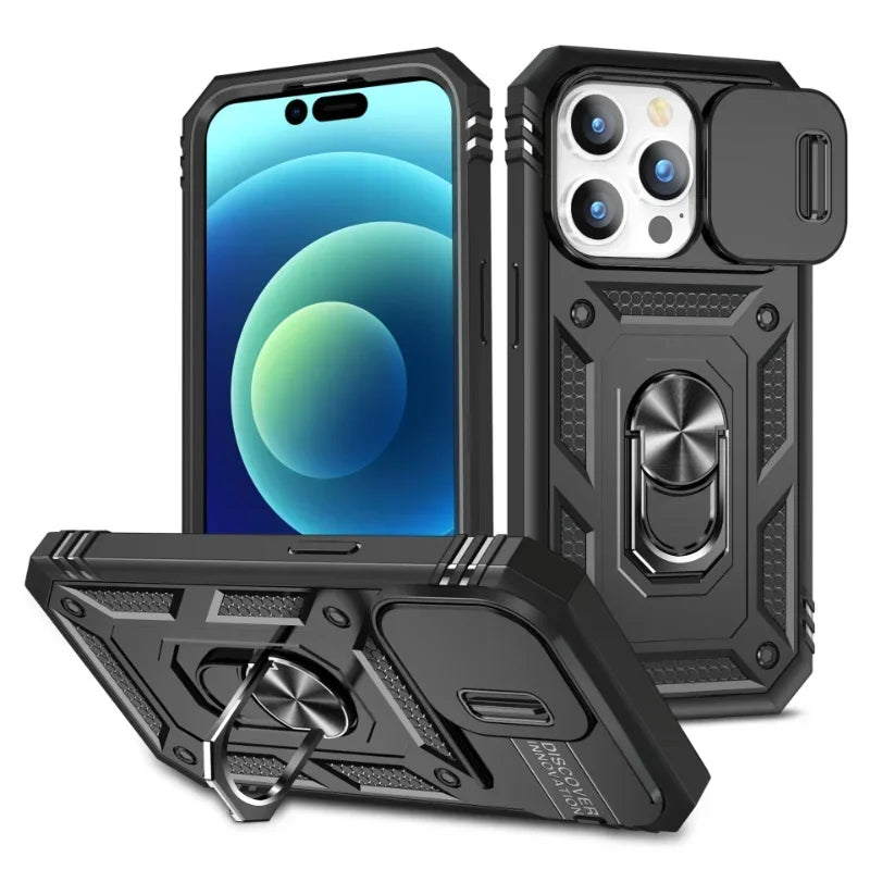 Luxury Slide Camera Lens Protection Armor Case for iPhone 17 16 15 14 Plus 13 12 Pro Max Military Grade Bumpers Metal Ring Cover