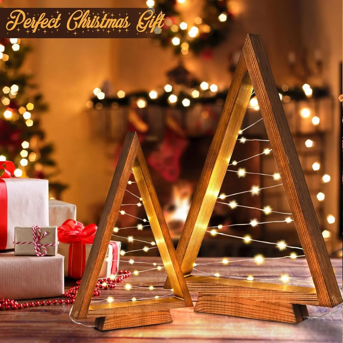 2Pcs/Set Wood Christmas Tree with Lights Modern Farmhouse Christmas Wooden Tree Centerpieces For Tables Christmas Holiday Decor
