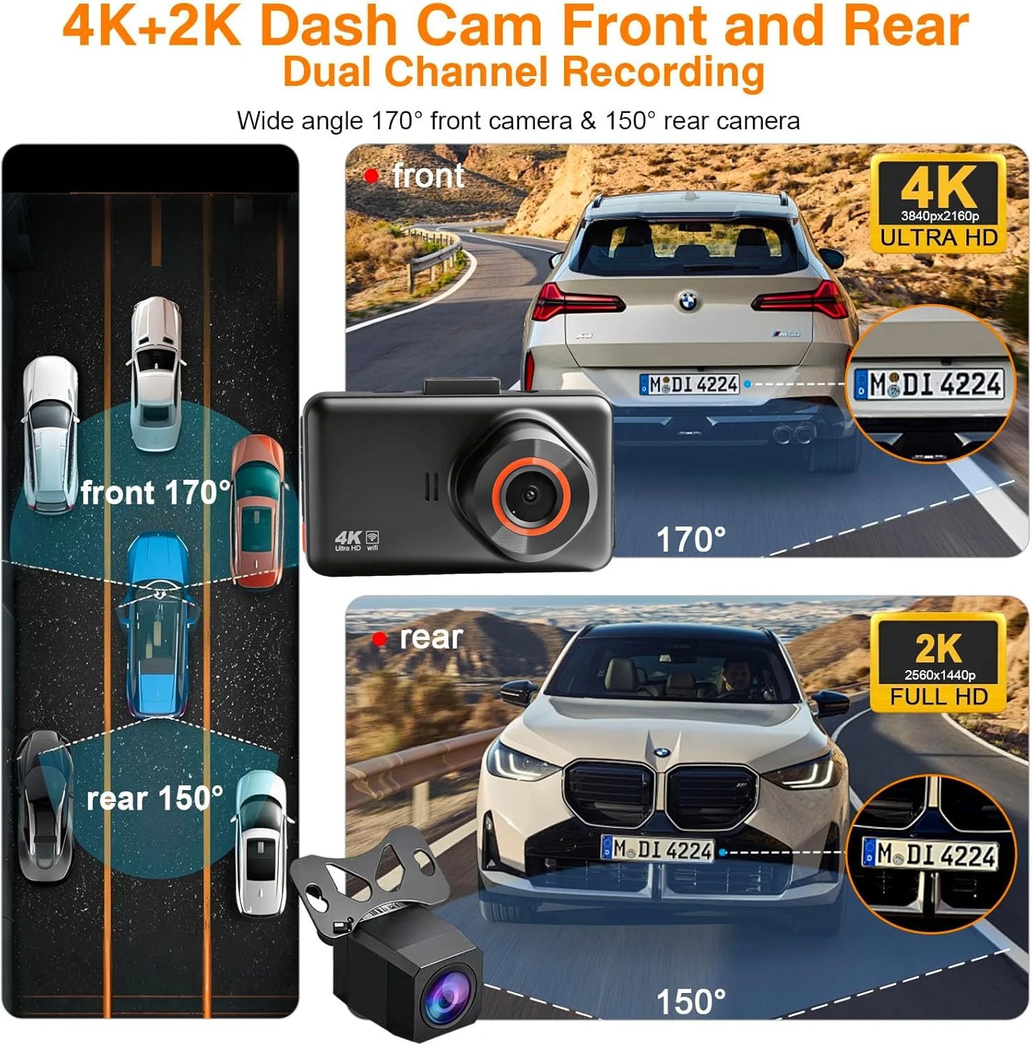 4K+2K Front and Rear Dash Cam Built-in WiFi 3 Inch IPS Car Video Camera WDR Night Vision G-Sensor 24H Parking Mode APP Control