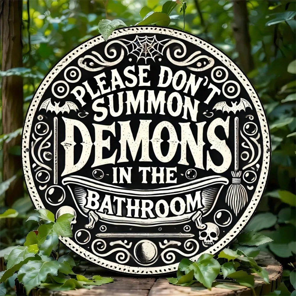 Gothic Bathroom Sign "Summon Demons" - 8x8" Aluminum Foil Carving, Fun Halloween Decor for Witchy Rooms