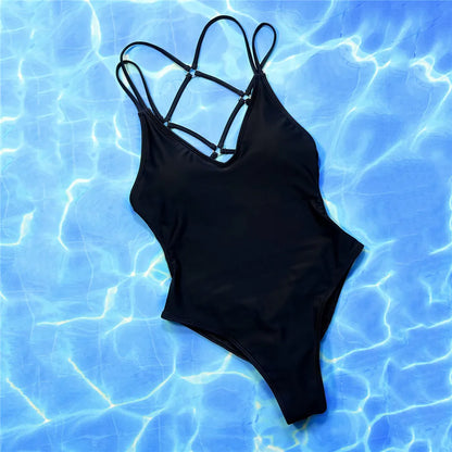Solid Blue Backless Swimwear One Piece Sexy Swimsuit Women 2025 Back Cross String Bathers High Cut Bathing Suit Swmming Wear