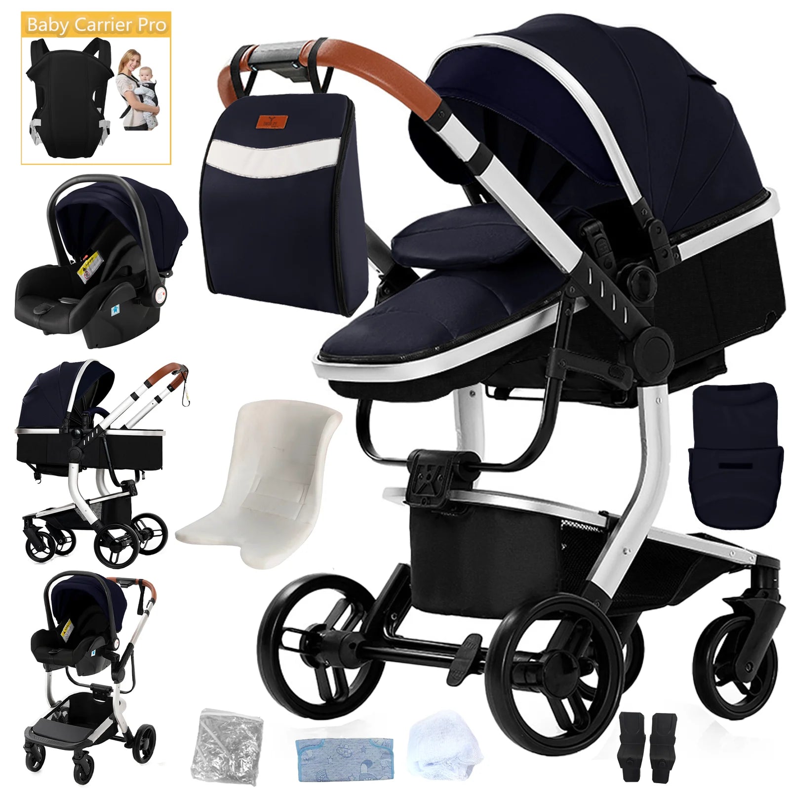 Lightweight Baby Stroller 3 in 1 Stroller PU Leather Stroller for Newborn Baby Car Seat Portable Baby Cart Pram High Landscape