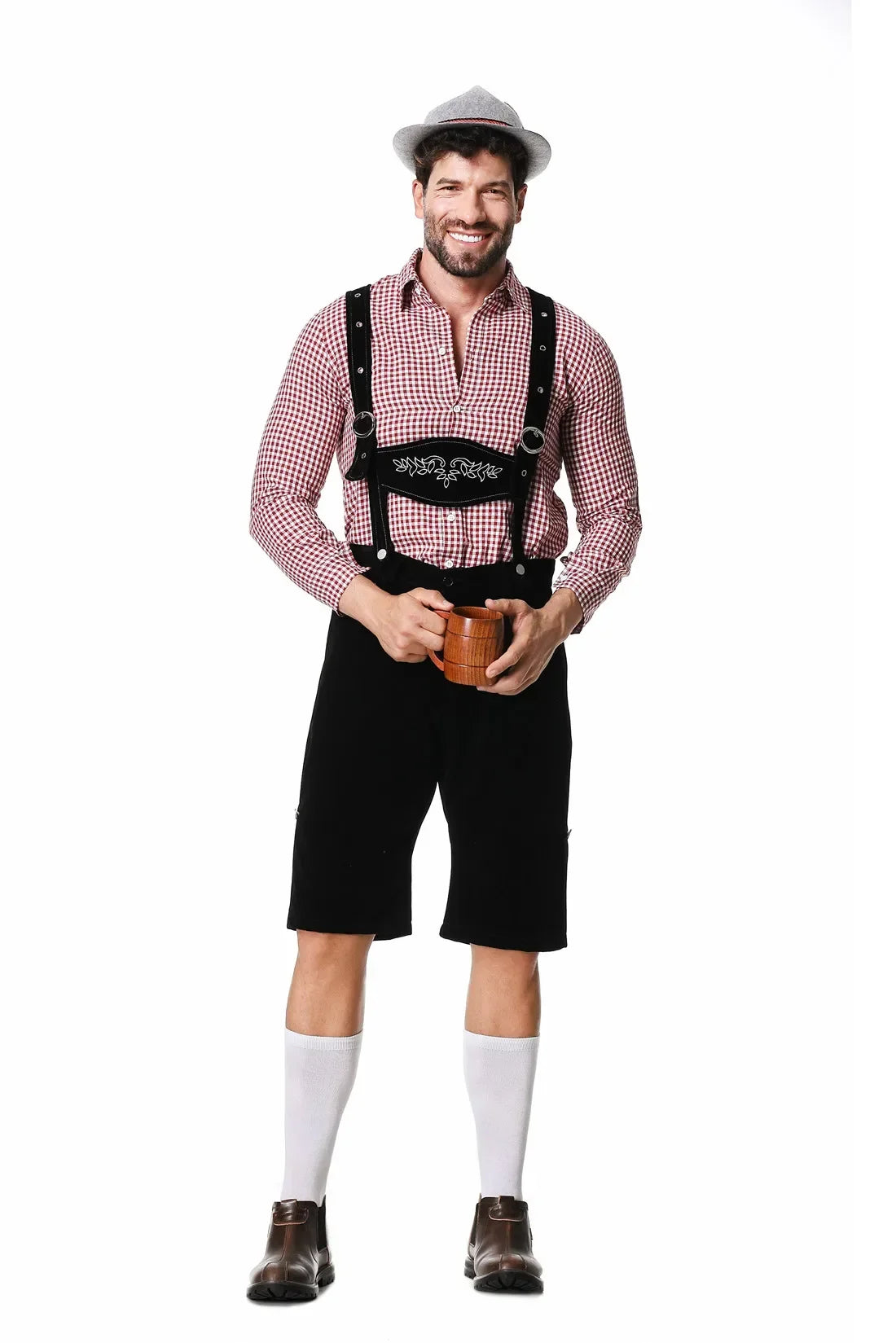 M-XXL Men Bavarian Oktoberfest Lederhosen Costume for Cosplay German Beer Festivals Suspenders Rompers Shirt Hat Set Outfit