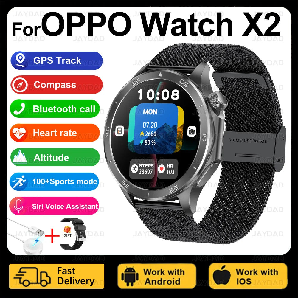 2025 New For OPPO Watch X2 Smart Watch Men AMOLED Outdoor Fashion GPS Compass Heart rate Waterproof Bluetooth Call Smartwatches