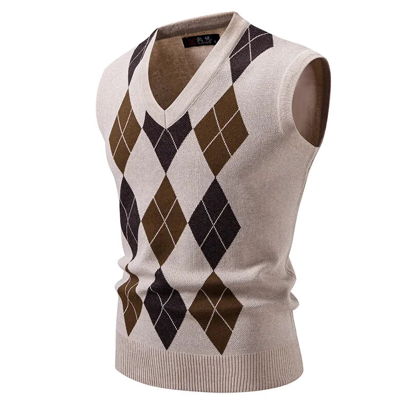 Men's Sleeveless Knit Vests Fashion Geometric Knitted Pullovers Men V-Neck Smart Casual Sweater Tank Tops Knitting Mens Clothing