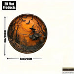 2D Flat, Halloween Wooden Wall Decor - 2D Flat Printed Round Sign with Witch, Bats & Moon Design - Classic Style Home, Kitchen,