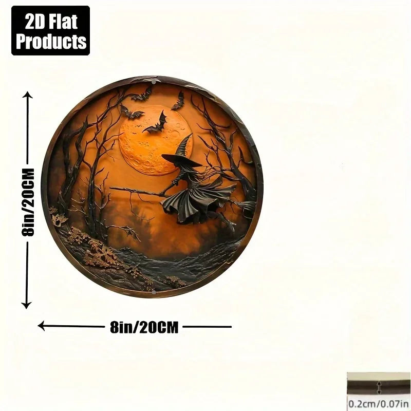 2D Flat, Halloween Wooden Wall Decor - 2D Flat Printed Round Sign with Witch, Bats & Moon Design - Classic Style Home, Kitchen,