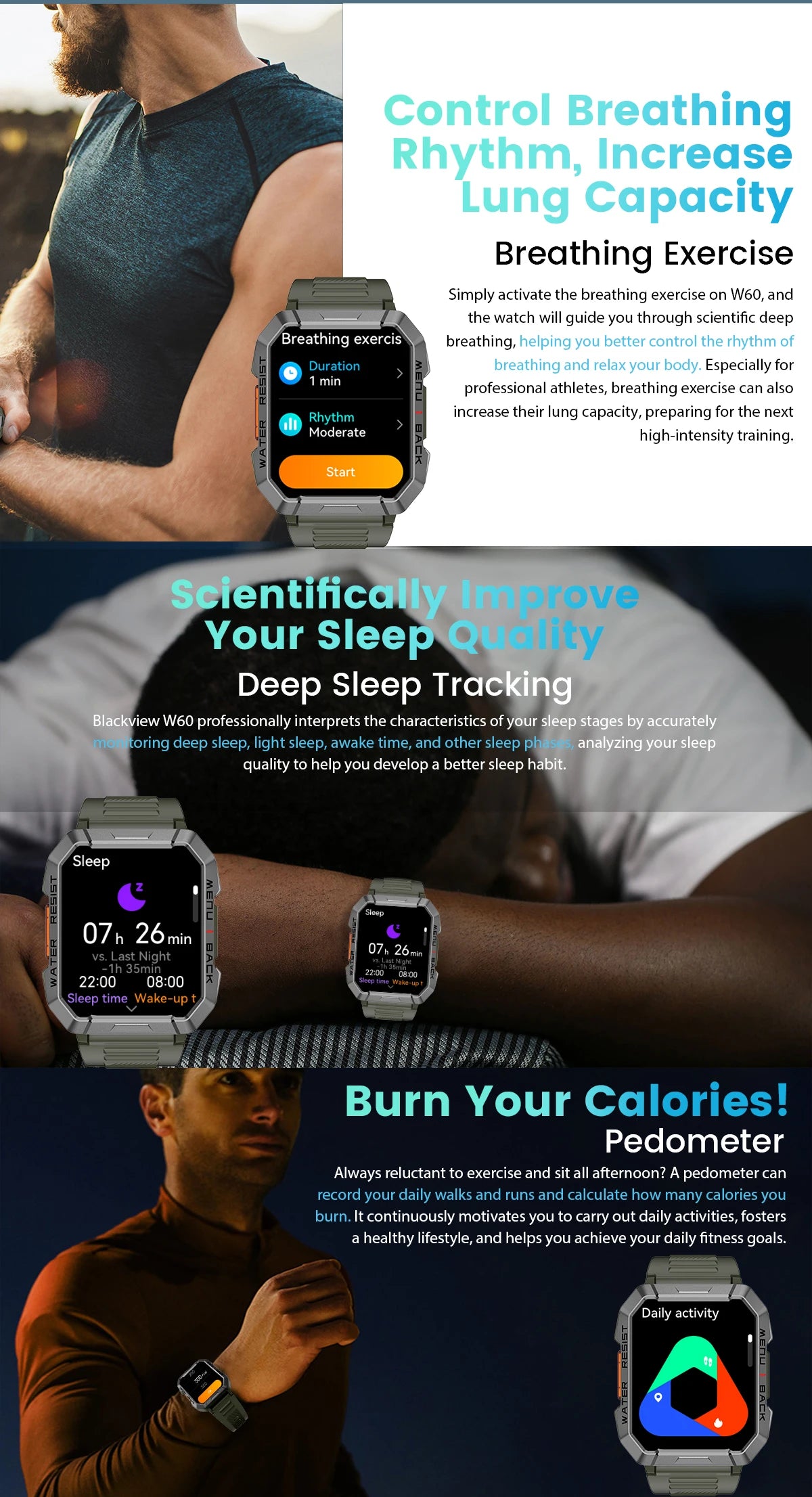 Blackview W60 2024 New Smartwatch 2.01'' HD Display TFT Rugged Smart Watch for Outdoor With Emergency Lighting Bluetooth Calling