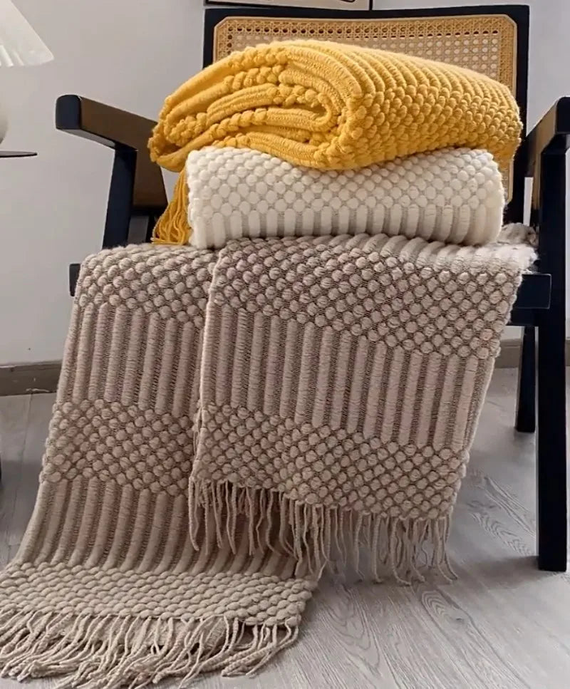 Khaki Gift Knitted Blanket with Tassels Chunky Vintage Luxury Farmhouse Throw Bedspread Oversized Blanket Cover Manta Para Sofá