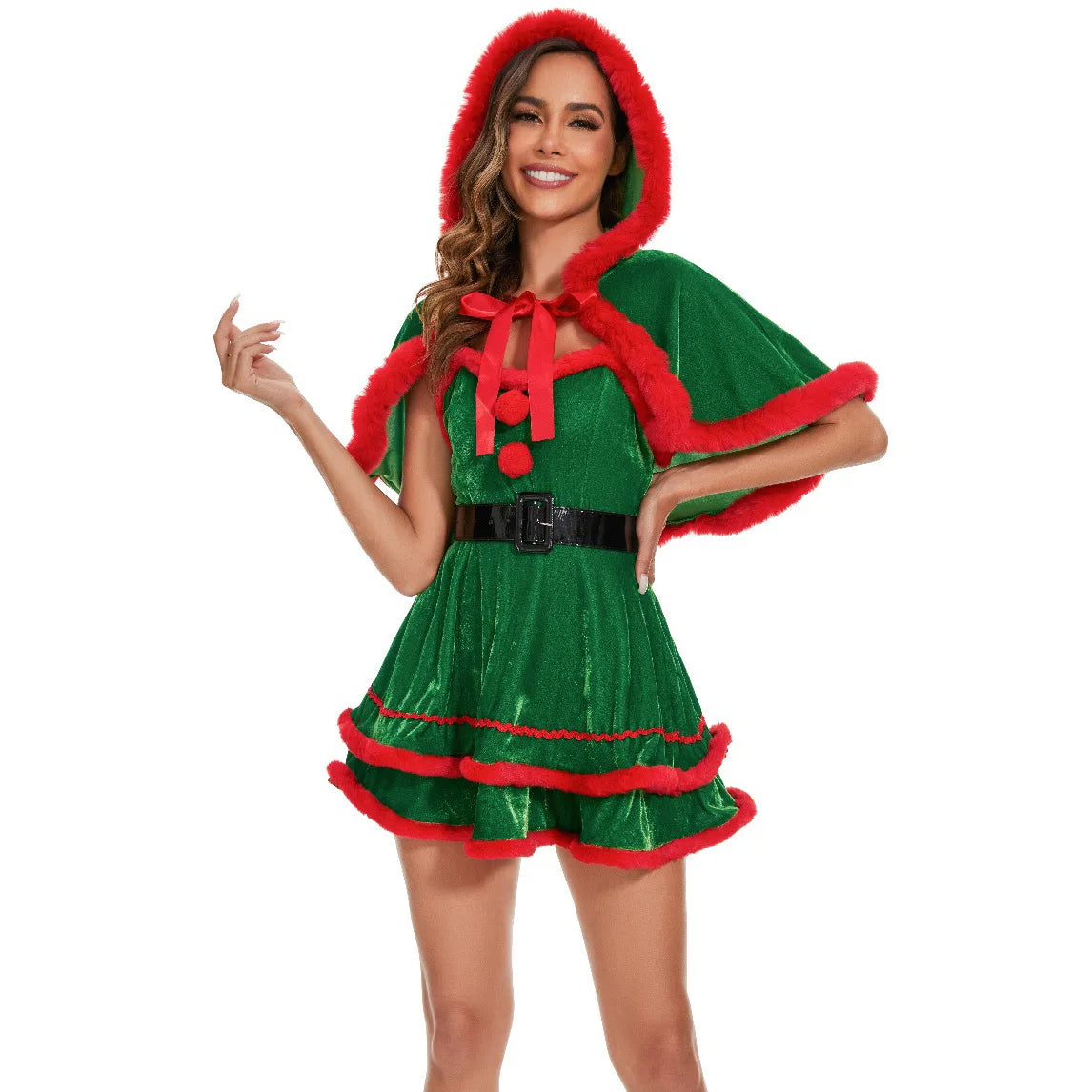 Christmas Women Dress Costume Party Cosplay Outfit Festive Cloak with Attached Hat Holiday Role Play Uniform for  Hooded Cape