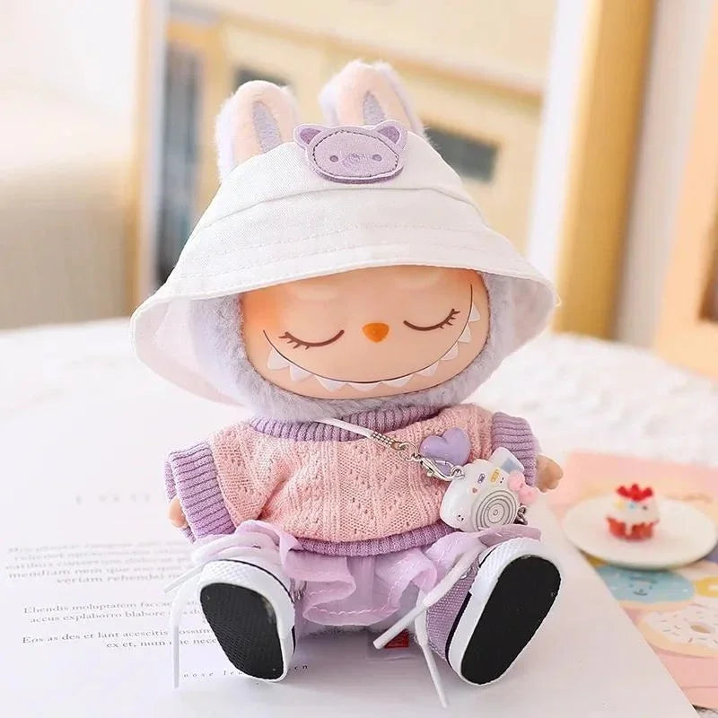 Mini Doll'S Clothes Outfit Accessories for 15-17cm Ropa Labubu & 10cm Cotton Doll Love Hoodie Pink Yarn Skirt Clothing no doll