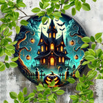 Classic Halloween Haunted House Iron Sign - Weather-Resistant Round Metal Decor for Door & Wreath