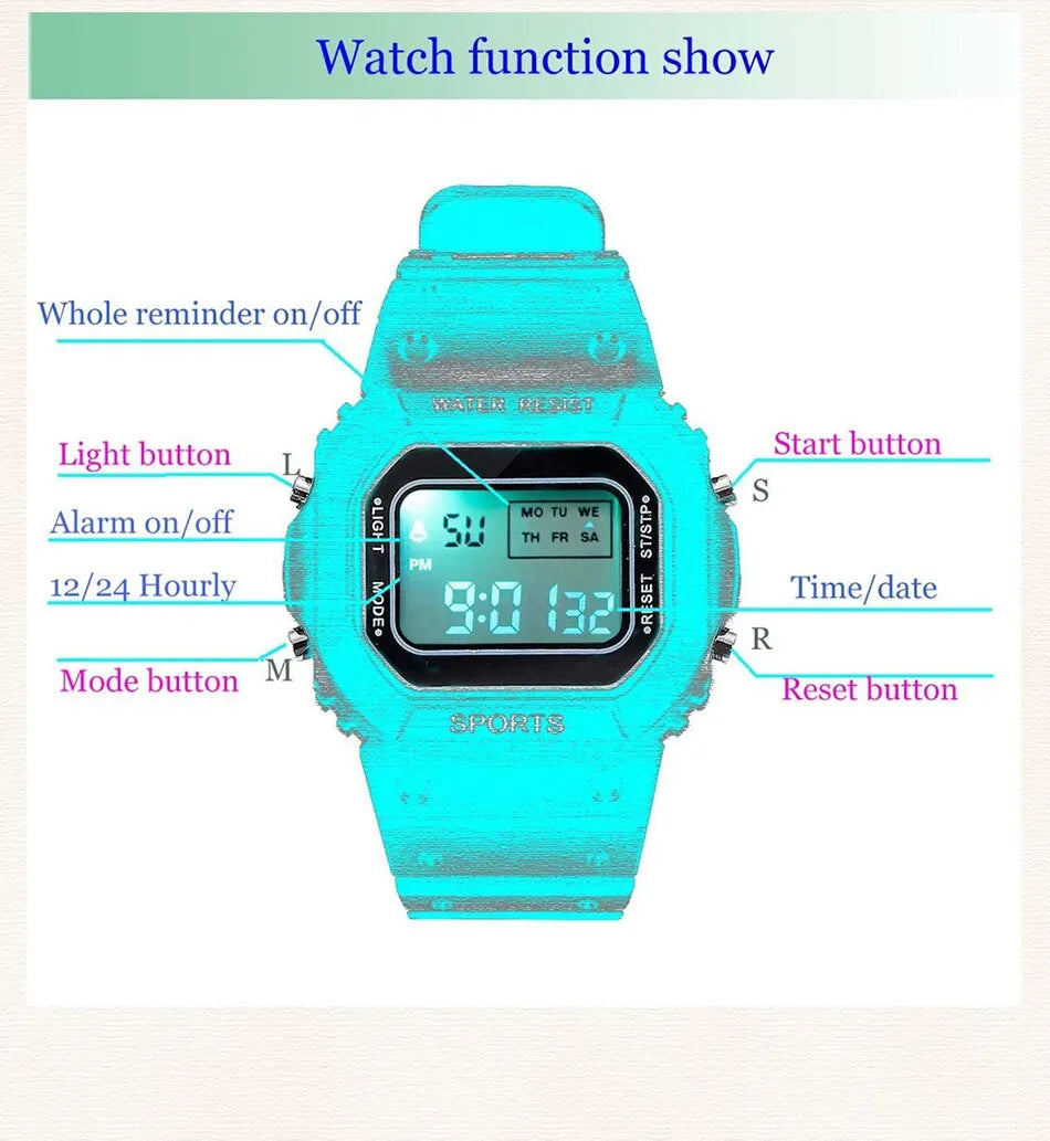 Sports Electronic Watch Men and Women Square Junior High School High School Students White LED Digital Watches