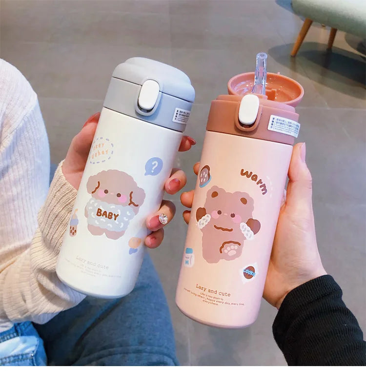 380ML Thermos Vacuum Flask Cute Cartoon 304 Stainless Steel Thermal Water Bottle Insulated Straw Cups Tumbler Drinkware