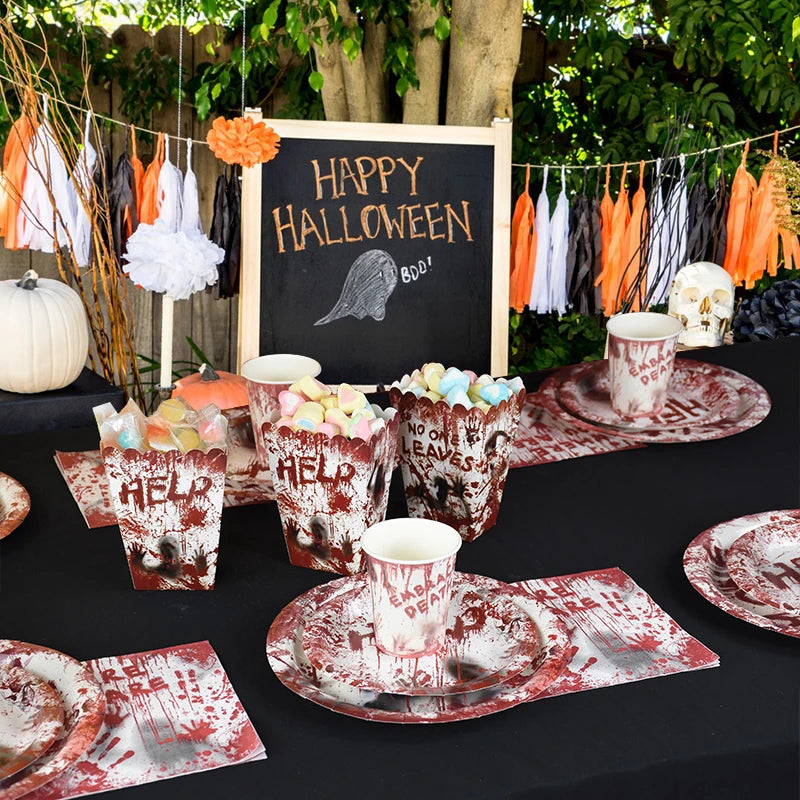 Halloween Party Disposable Tableware Scary Bloody Handprint Paper Plates Cups Popcorn Box For Halloween Horror Party Decor Props