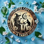 Waterproof Metal Sign - Witchy Coffee Tarot Theme (1 Piece) | Features Mysterious Witch, Cat,Pentagram & Crescent Moon Designs