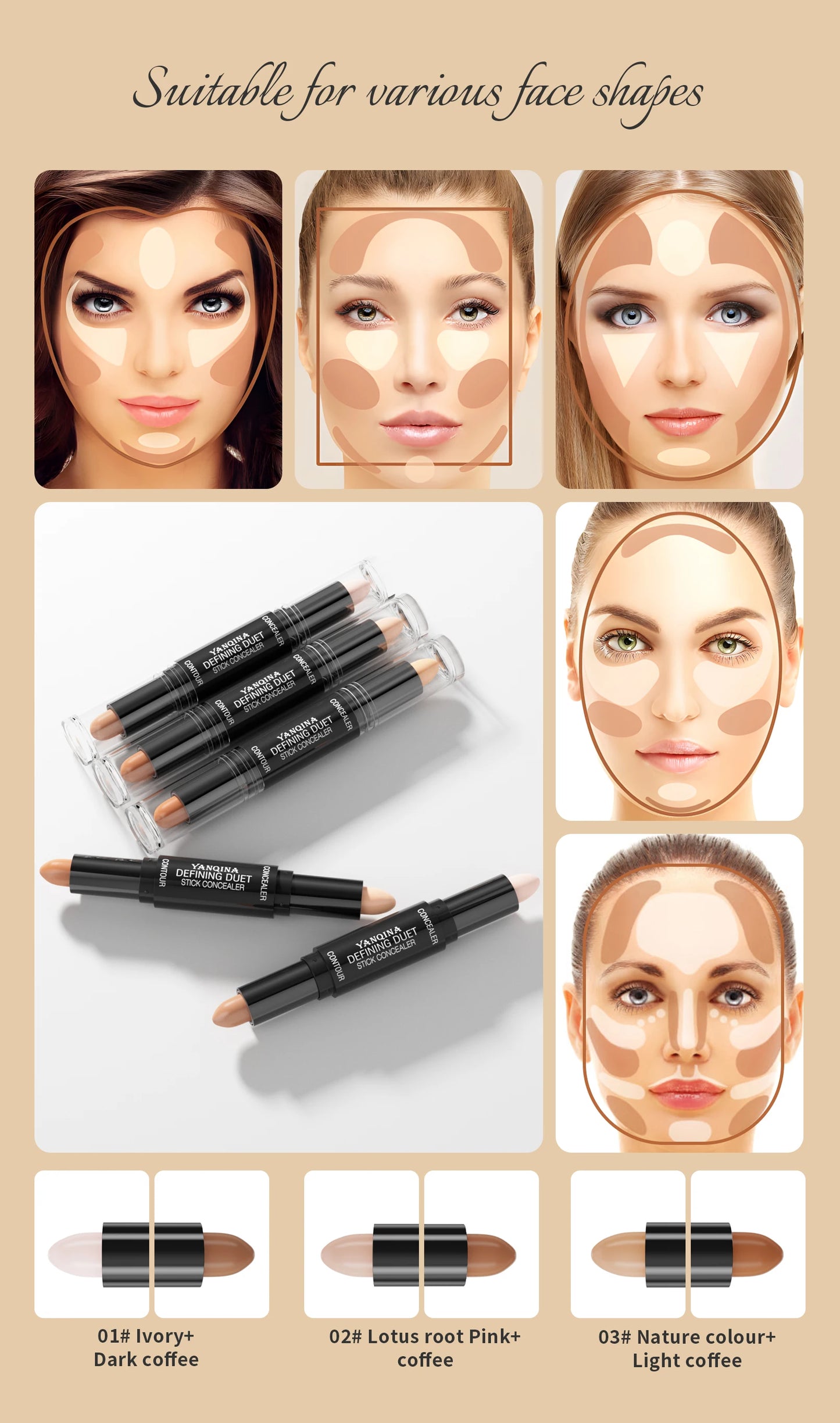 Contour Stick Duo, Double-Ended Highlight and Shadow Cream, Waterproof Full Coverage Concealer, Natural Finish Makeup for All Sk